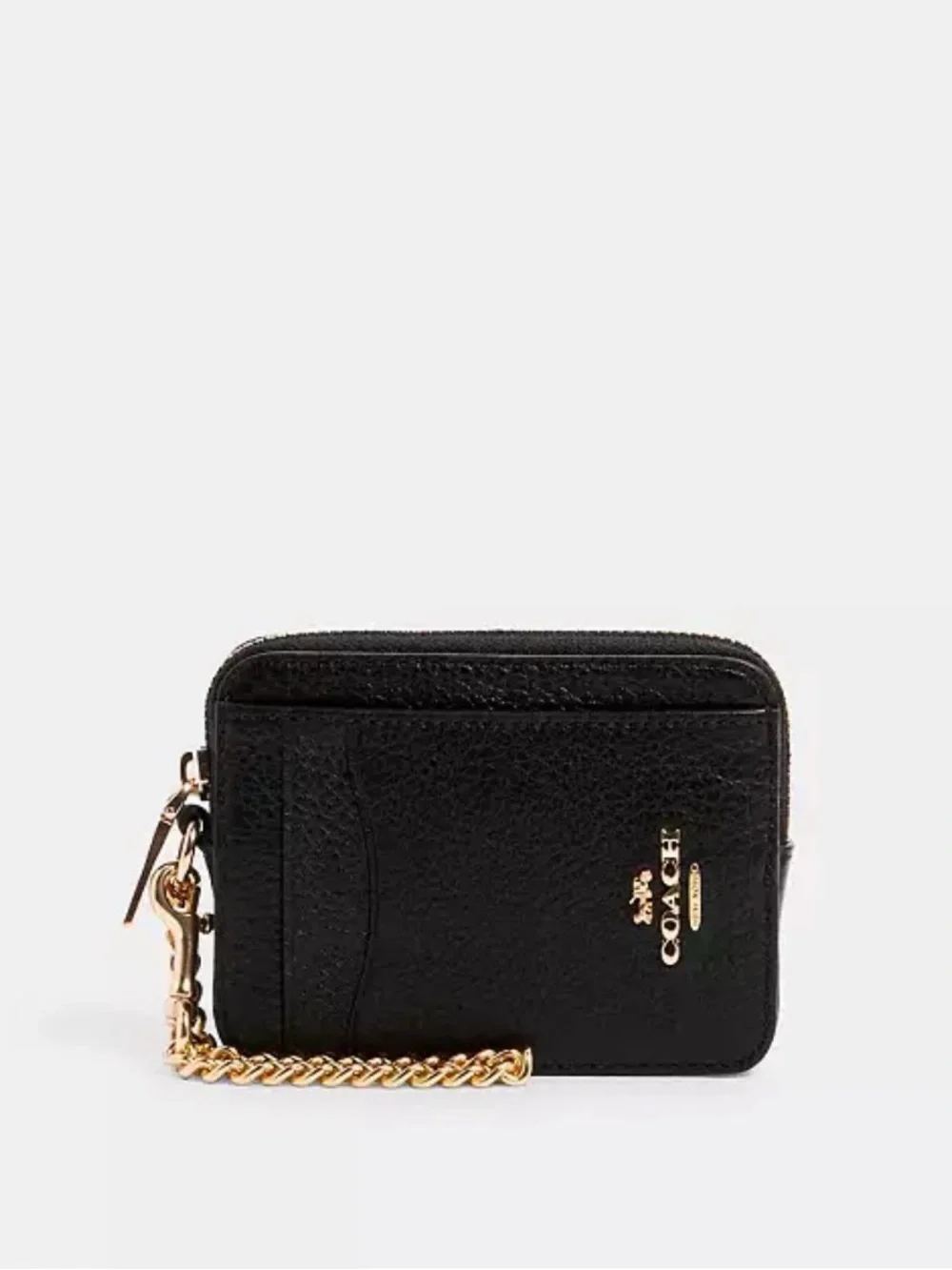 Coach Black Leather Zip Card Case with Gold Chain